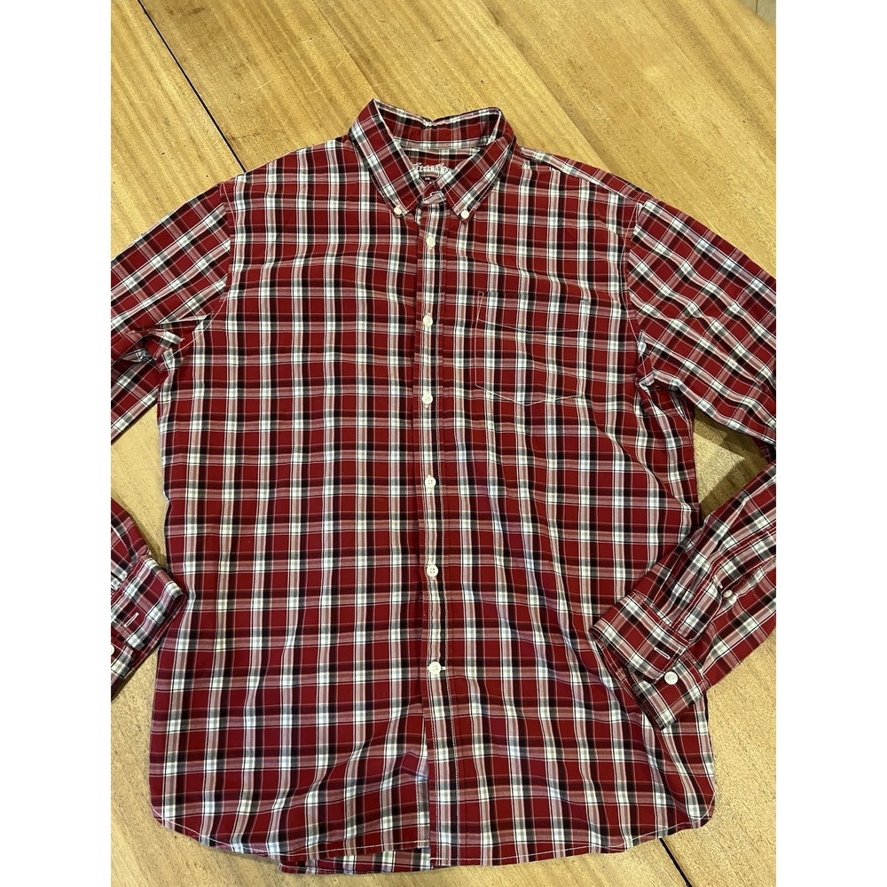 Eddie Bauer Legend Wash Large Black Red White Plaid Long Sleeve Button Down